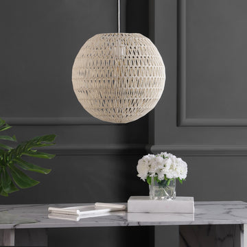 Luna 15.75" Bohemian Modern Woven Rattan/Iron LED Pendant - JONATHAN Y
